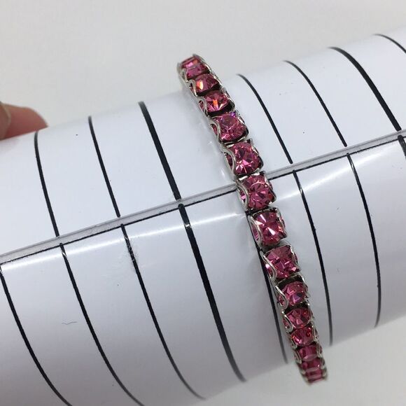 October Birthstone Rhinestone stretch bracelet pink rhinestones silver tone - Picture 8 of 11